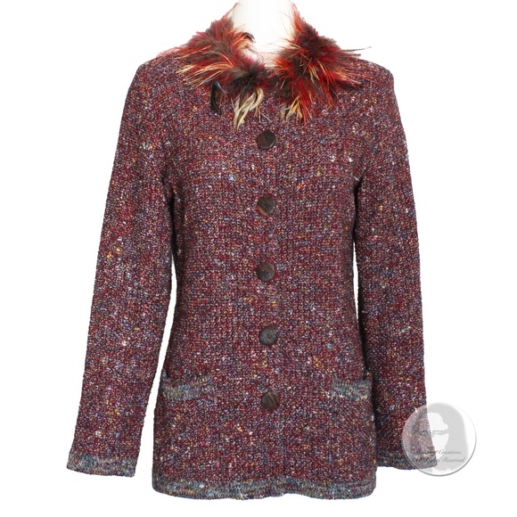 Yves Saint Laurent Sweater Cardigan Knit Feather Trim 90s YSL Rive Gauche Sz 38